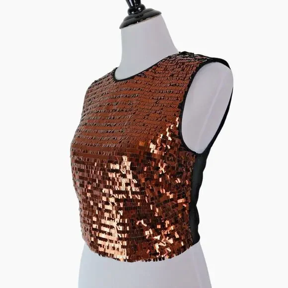 Ali & Jay Size L Disco Ball Copper Sequin Crop Top Black Zip Back - Picture 4 of 13